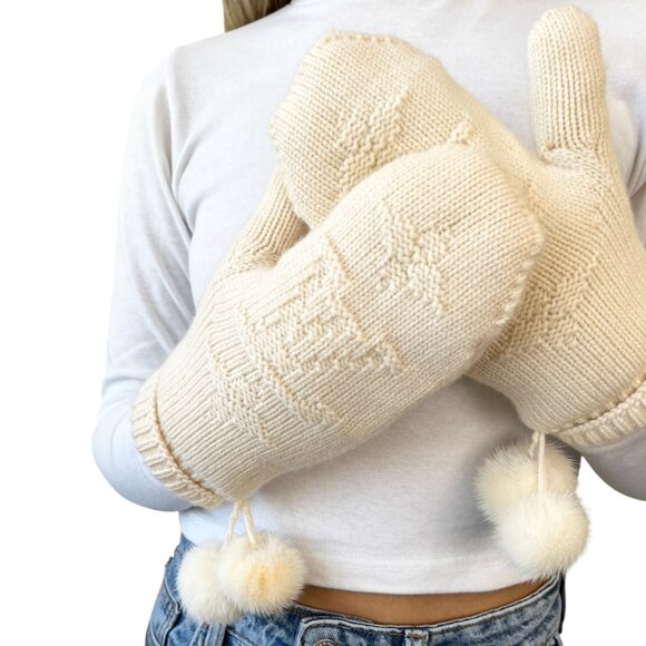 LOUIS VUITTON Vintage Cashmere Knit Gloves Mittens Mink Pompons Cream [106053] - Picture 3 of 13